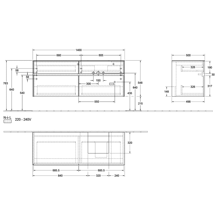 Villeroy & Boch Collaro Waschtischunterschrank 140 x 50 cm, mit 4 Auszügen und LED-Beleuchtung für Finion Waschtisch