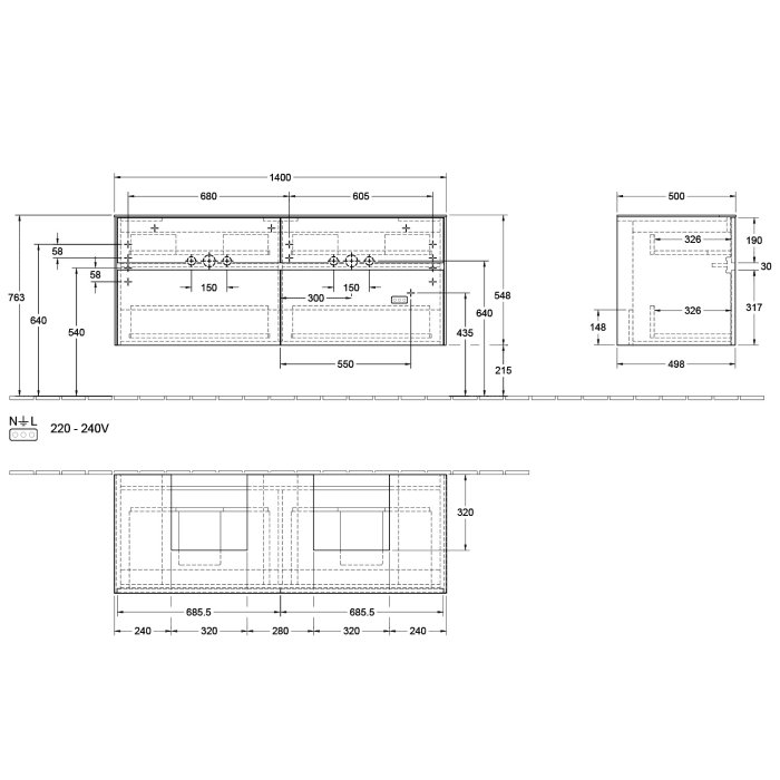 Villeroy & Boch Collaro Waschtischunterschrank 140 x 50 cm, mit 4 Auszügen für 2 Finion Waschtische