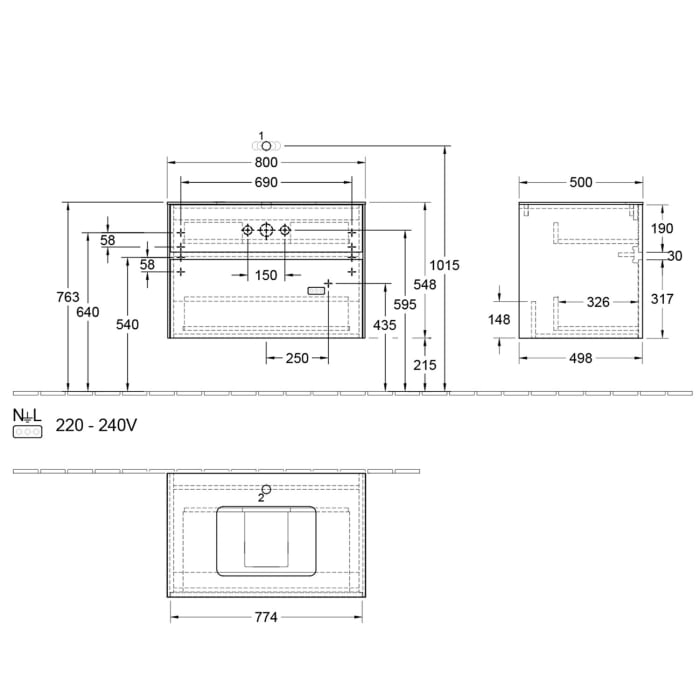 Villeroy & Boch Collaro Waschtischunterschrank 80 x 50 cm, mit 2 Auszügen und LED-Beleuchtung für Venticello Waschtisch