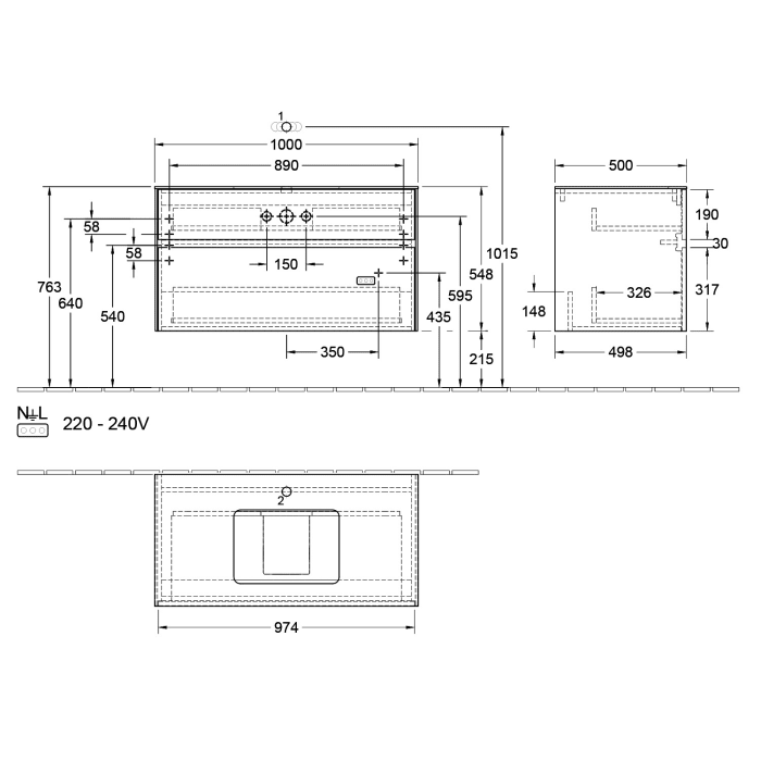 Villeroy & Boch Collaro Waschtischunterschrank 100 x 50 cm, mit 2 Auszügen und LED-Beleuchtung für Venticello Waschtisch