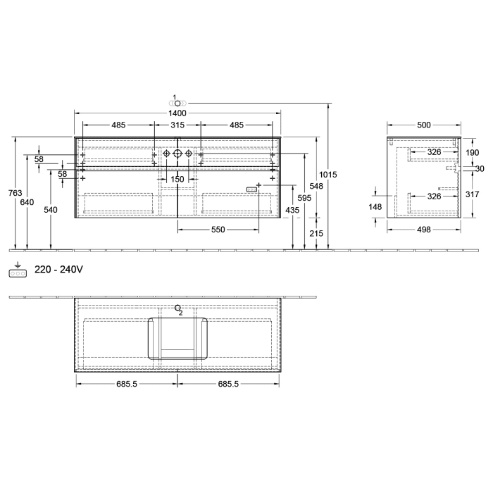 Villeroy & Boch Collaro Waschtischunterschrank 140 x 50 cm, mit 4 Auszügen und LED-Beleuchtung für Venticello Waschtisch