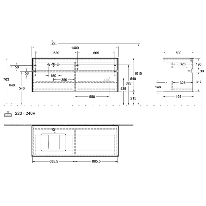 Villeroy & Boch Collaro Waschtischunterschrank 140 x 50 cm, mit 4 Auszügen und LED-Beleuchtung für Venticello Waschtisch