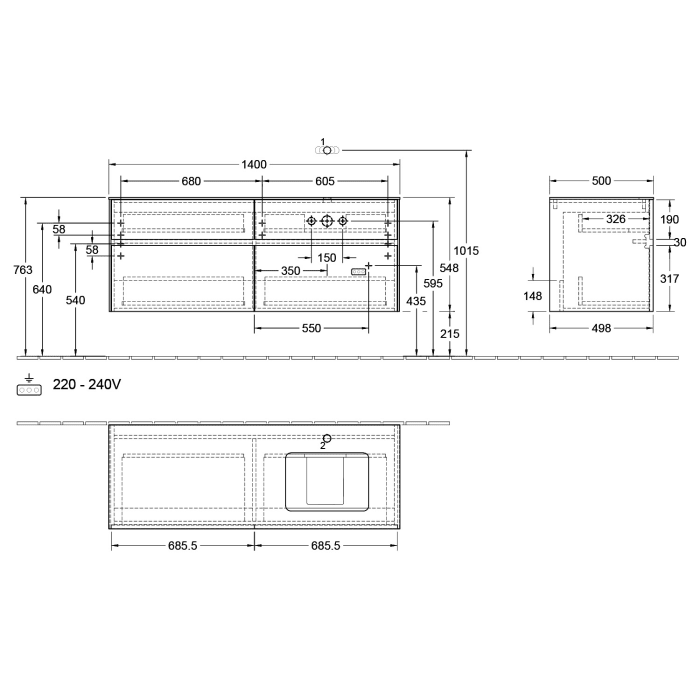 Villeroy & Boch Collaro Waschtischunterschrank 140 x 50 cm, mit 4 Auszügen und LED-Beleuchtung für Venticello Waschtisch