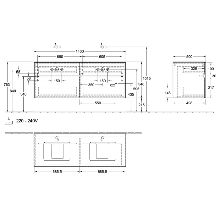 Villeroy & Boch Collaro Waschtischunterschrank 140 x 50 cm, mit 4 Auszügen für 2 Venticello Waschtische