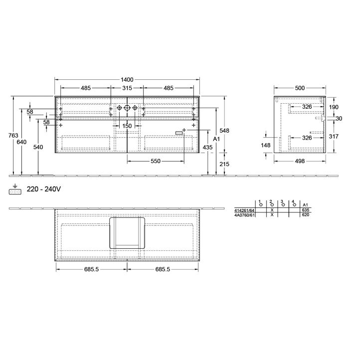 Villeroy & Boch Collaro Waschtischunterschrank 140 x 50 cm, mit 4 Auszügen