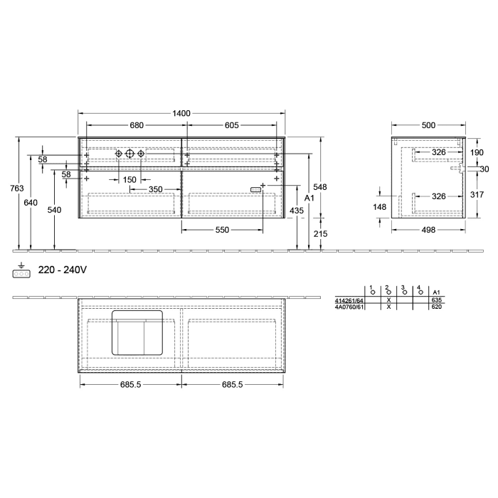 Villeroy & Boch Collaro Waschtischunterschrank 140 x 50 cm, mit 4 Auszügen und LED-Beleuchtung