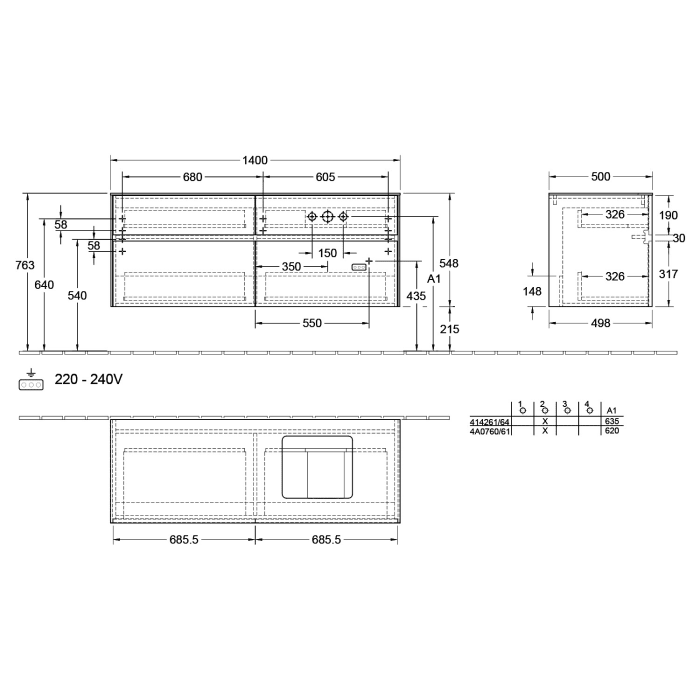 Villeroy & Boch Collaro Waschtischunterschrank 140 x 50 cm, mit 4 Auszügen