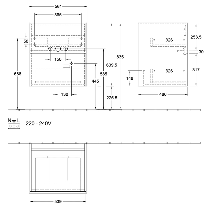 Villeroy & Boch Collaro Waschtischunterschrank 56 x 48 cm, mit 2 Auszügen und LED-Beleuchtung für Venticello Waschtisch