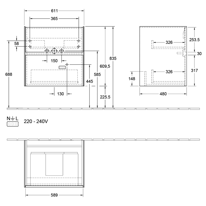 Villeroy & Boch Collaro Waschtischunterschrank 61 x 48 cm, mit 2 Auszügen und LED-Beleuchtung für Venticello Waschtisch