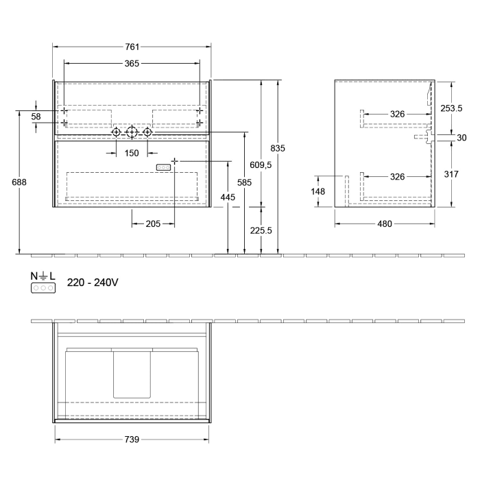 Villeroy & Boch Collaro Waschtischunterschrank 76 x 48 cm, mit 2 Auszügen und LED-Beleuchtung für Venticello Waschtisch