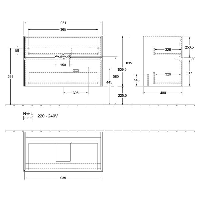 Villeroy & Boch Collaro Waschtischunterschrank 96 x 48 cm, mit 2 Auszügen und LED-Beleuchtung für Venticello Waschtisch