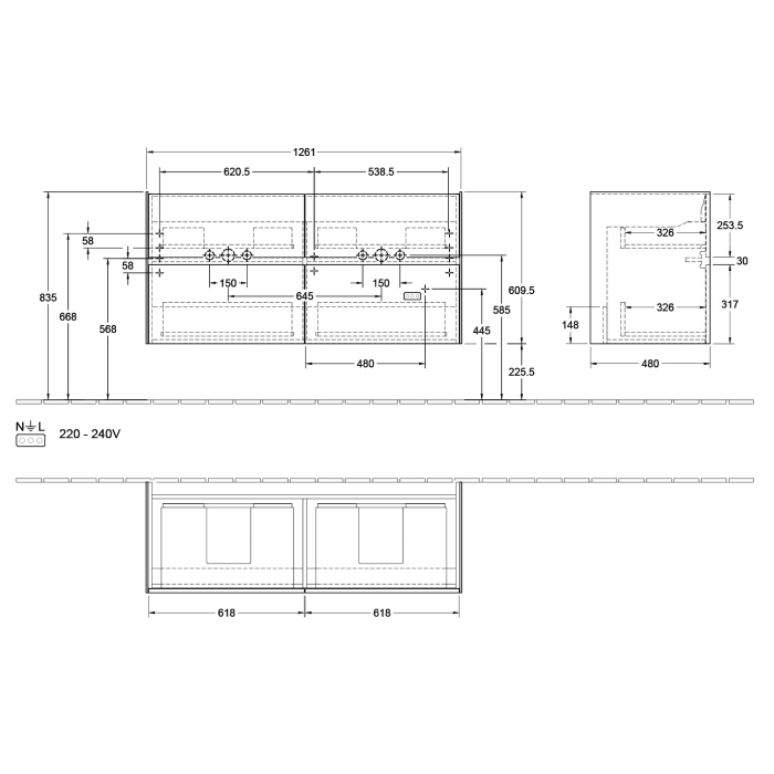 Villeroy & Boch Collaro Waschtischunterschrank 126 x 48 cm, mit 4 Auszügen für Venticello Waschtisch