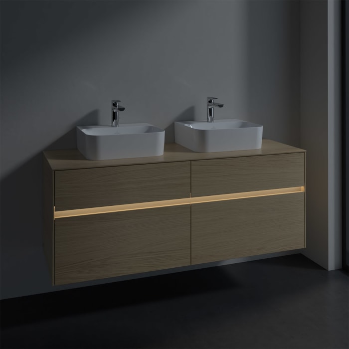 Villeroy & Boch Collaro Waschtischunterschrank 140 x 50 cm, mit 4 Auszügen und LED-Beleuchtung für 2 Finion Waschtische