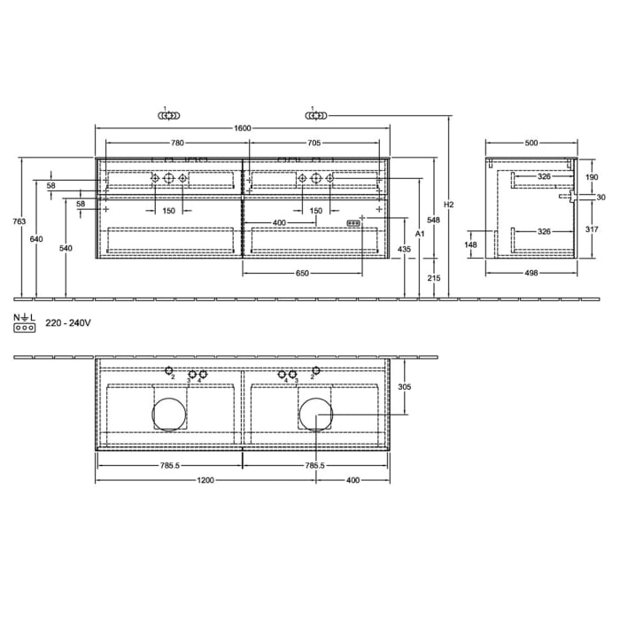 Villeroy & Boch Collaro Waschtischunterschrank 160 x 54,8 cm mit 4 Auszügen, für WT beidseitig