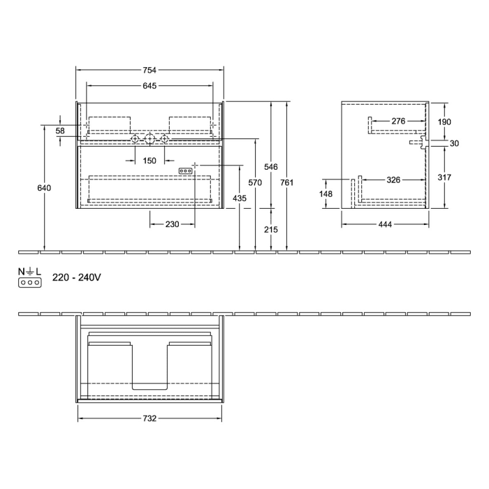 Villeroy & Boch Collaro Waschtischunterschrank 75,4 x 54,6 cm mit 2 Auszügen und LED Licht
