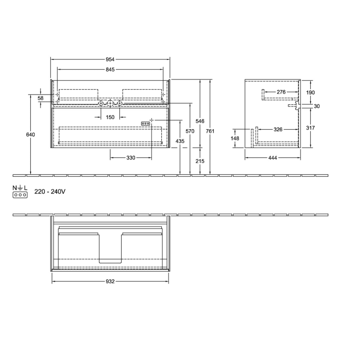 Villeroy & Boch Collaro Waschtischunterschrank 95,4 x 54,6 cm , mit LED-Beleuchtung, mit 2 Auszügen