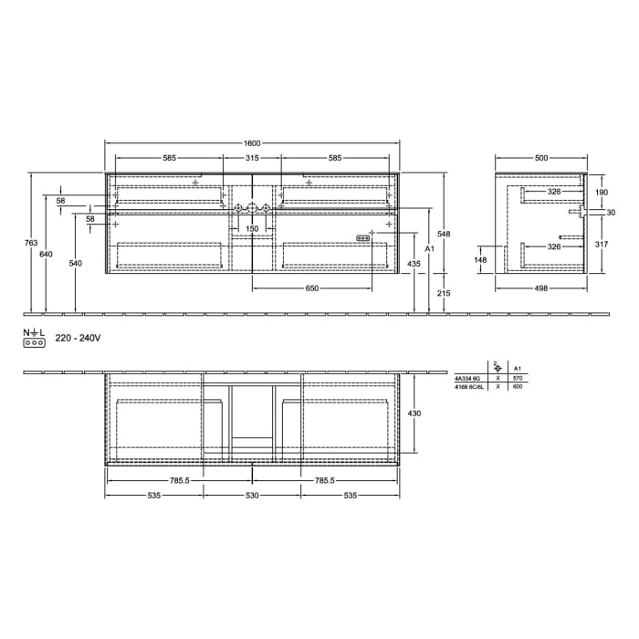Villeroy & Boch Collaro Waschtischunterschrank 160 x 54,8 cm mit 4 Auszügen und LED Licht, für WT mittig