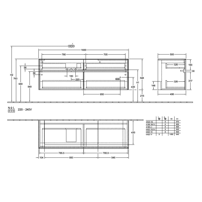 Villeroy & Boch Collaro Waschtischunterschrank 160 x 54,8 cm mit 4 Auszügen und LED Licht, für WT links