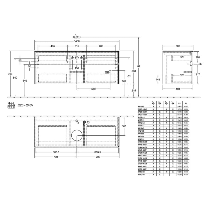 Villeroy & Boch Collaro Waschtischunterschrank 140 x 54,8 cm , mit LED-Beleuchtung, mit 4 Auszügen