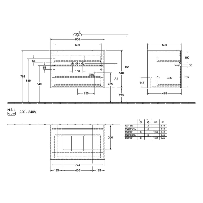 Villeroy & Boch Collaro Waschtischunterschrank 80 x 54,8 cm mit 2 Auszügen und LED Licht, für WT mittig