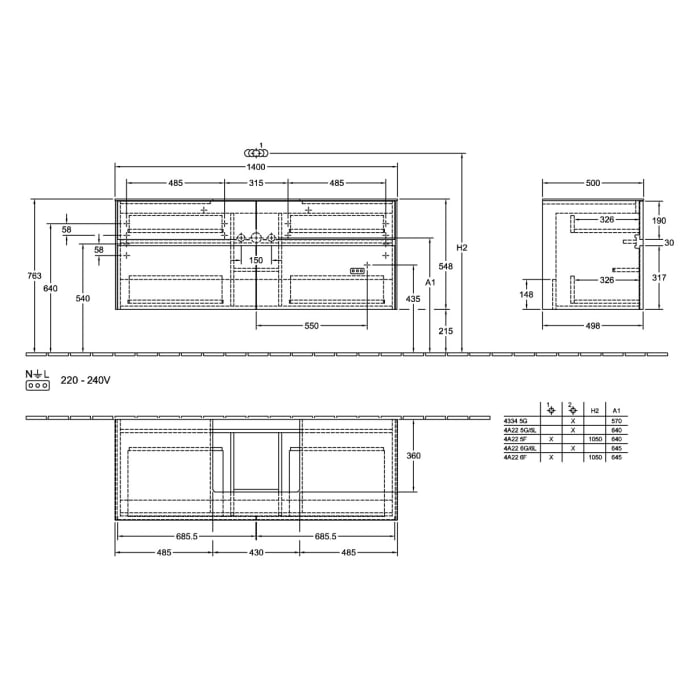 Villeroy & Boch Collaro Waschtischunterschrank 140 x 54,8 cm mit 4 Auszügen, für WT mittig