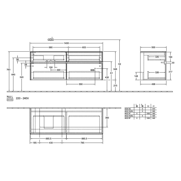 Villeroy & Boch Collaro Waschtischunterschrank 140 x 54,8 cm , mit LED-Beleuchtung, mit 4 Auszügen