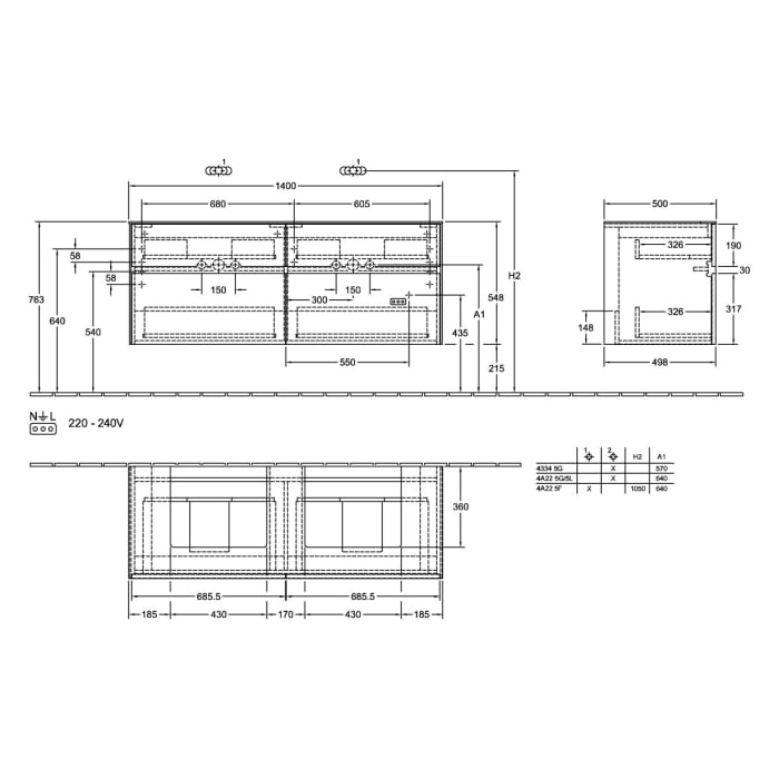 Villeroy & Boch Collaro Waschtischunterschrank 140 x 54,8 cm , mit LED-Beleuchtung, mit 4 Auszügen
