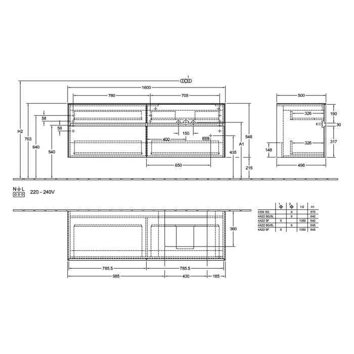 Villeroy & Boch Collaro Waschtischunterschrank 160 x 54,8 cm mit 4 Auszügen und LED Licht, für WT rechts