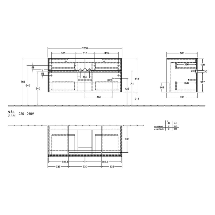 Villeroy & Boch Collaro Waschtischunterschrank 120 x 54,8 cm mit 4 Auszügen und LED Licht, für WT mittig