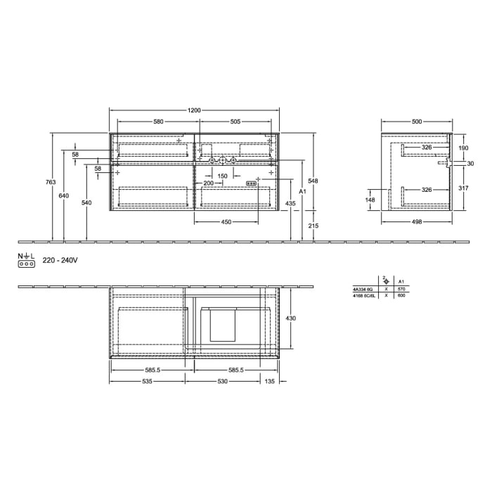 Villeroy & Boch Collaro Waschtischunterschrank 120 x 54,8 cm mit 4 Auszügen und LED Licht, für WT rechts