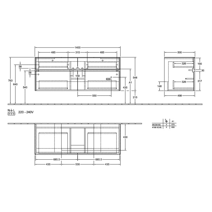 Villeroy & Boch Collaro Waschtischunterschrank 140 x 54,8 cm mit 4 Auszügen, für WT mittig