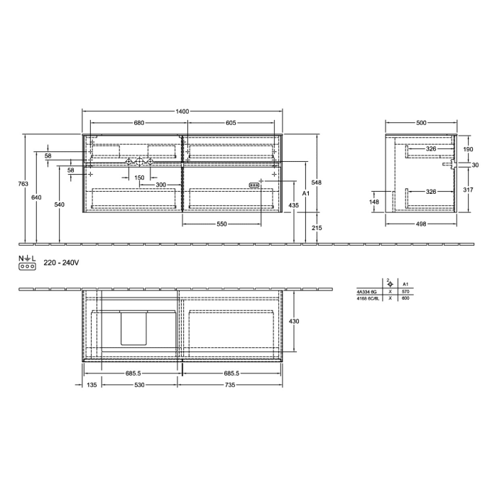 Villeroy & Boch Collaro Waschtischunterschrank 140 x 54,8 cm , mit LED-Beleuchtung, mit 4 Auszügen