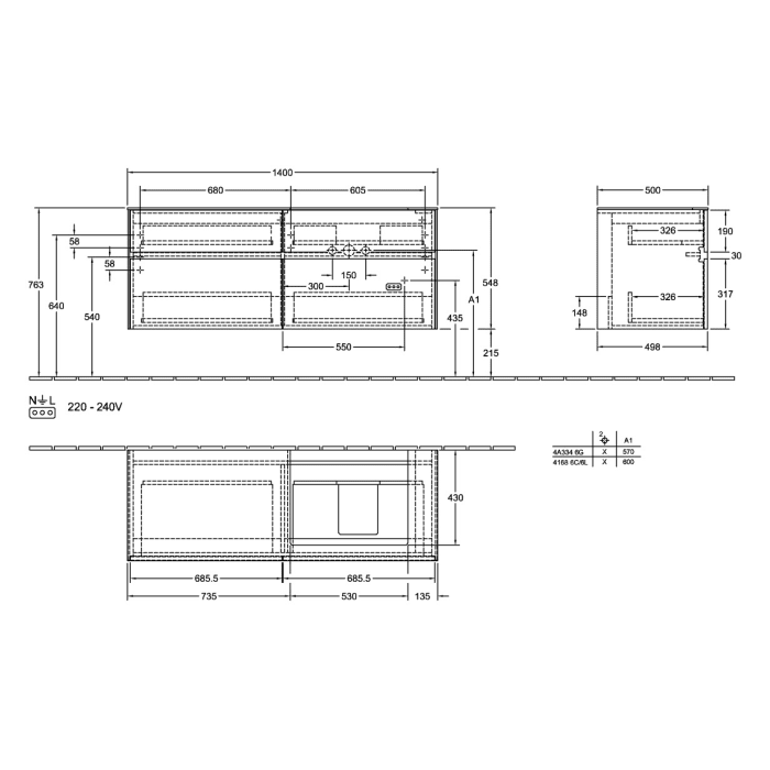Villeroy & Boch Collaro Waschtischunterschrank 140 x 54,8 cm , mit 4 Auszügen