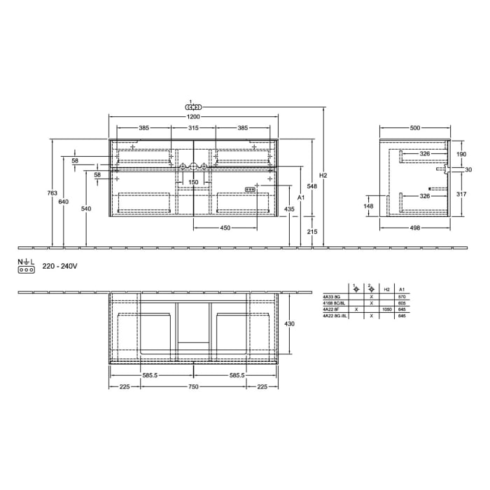 Villeroy & Boch Collaro Waschtischunterschrank 120 x 54,8 cm mit 4 Auszügen und LED Licht, für WT mittig