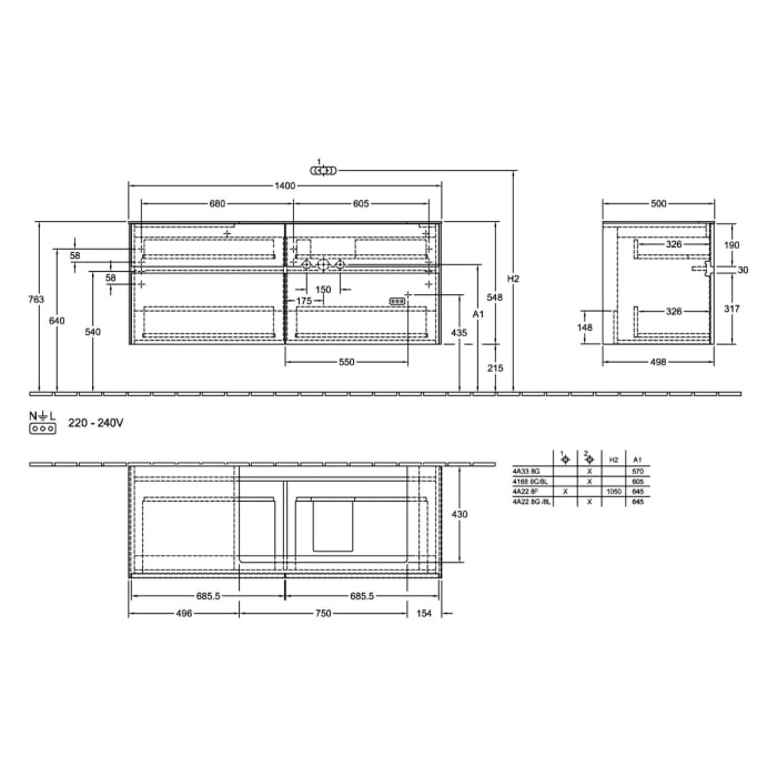 Villeroy & Boch Collaro Waschtischunterschrank 140 x 54,8 cm , mit LED-Beleuchtung, mit 4 Auszügen
