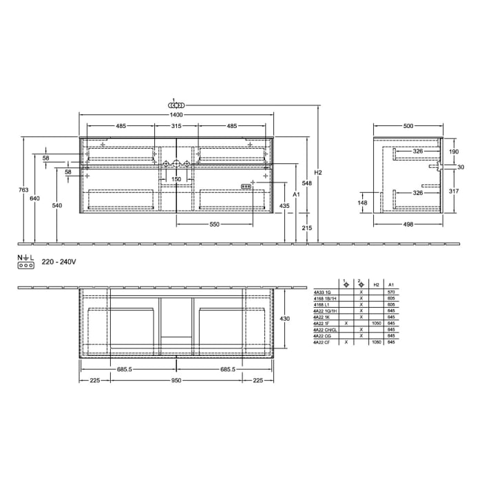 Villeroy & Boch Collaro Waschtischunterschrank 140 x 54,8 cm mit 4 Auszügen, für WT mittig