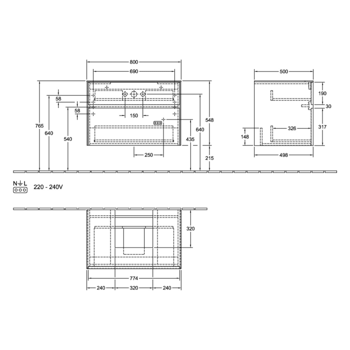 Villeroy & Boch Collaro Waschtischunterschrank 80 x 54,8 cm , mit LED-Beleuchtung, mit 2 Auszügen