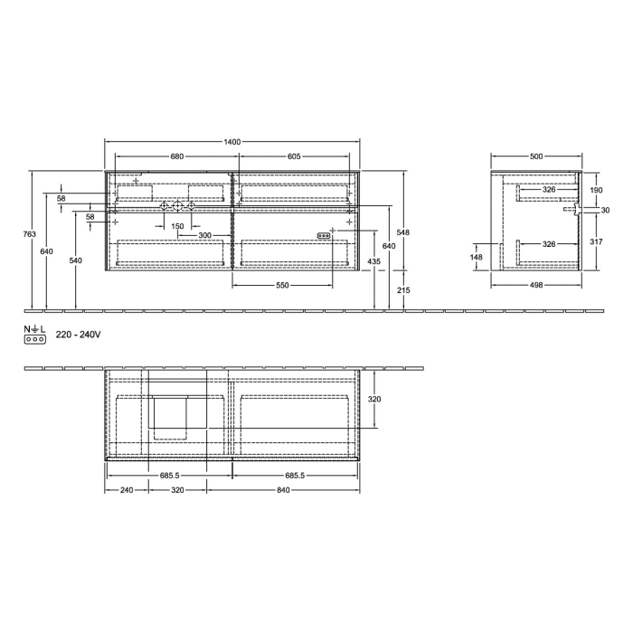 Villeroy & Boch Collaro Waschtischunterschrank 140 x 54,8 cm , mit 4 Auszügen
