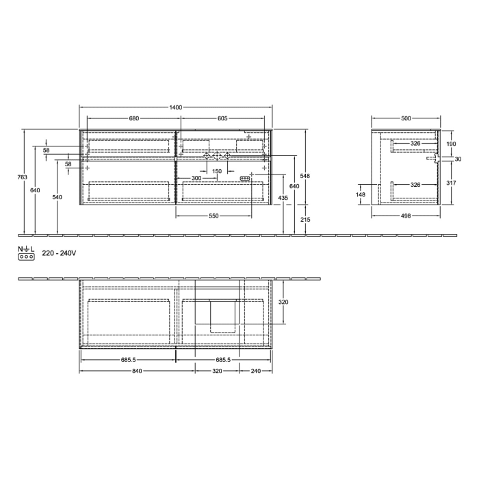 Villeroy & Boch Collaro Waschtischunterschrank 140 x 54,8 cm , mit LED-Beleuchtung, mit 4 Auszügen