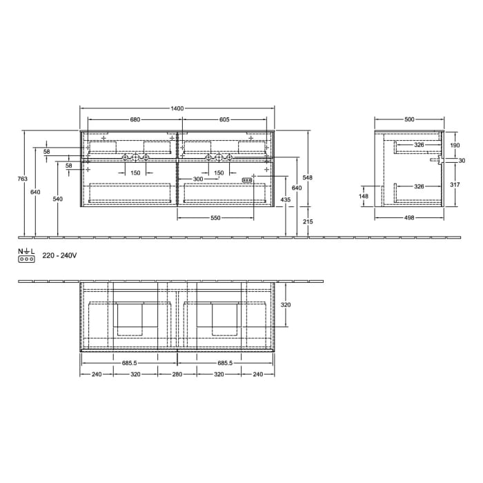 Villeroy & Boch Collaro Waschtischunterschrank 140 x 54,8 cm , mit 4 Auszügen