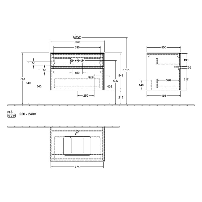 Villeroy & Boch Collaro Waschtischunterschrank 80 x 54,8 cm , mit LED-Beleuchtung, mit 2 Auszügen