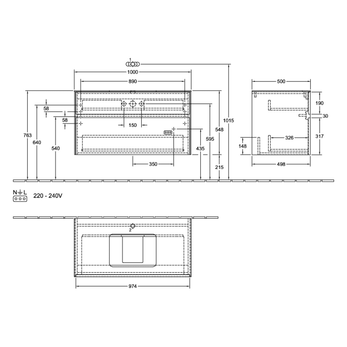 Villeroy & Boch Collaro Waschtischunterschrank 100 x 54,8 cm , mit LED-Beleuchtung, mit 2 Auszügen