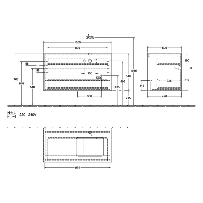 Villeroy & Boch Collaro Waschtischunterschrank 100 x 54,8 cm , mit LED-Beleuchtung, mit 2 Auszügen