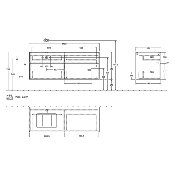 Villeroy & Boch Collaro Waschtischunterschrank 140 x 54,8 cm , mit 4 Auszügen