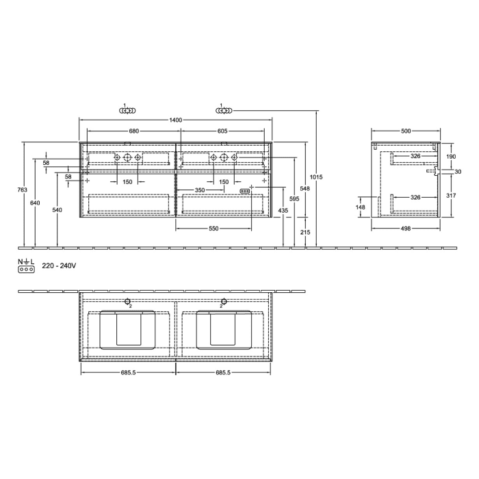 Villeroy & Boch Collaro Waschtischunterschrank 140 x 54,8 cm , mit 4 Auszügen