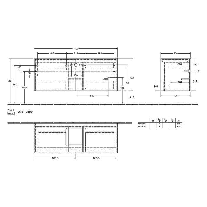 Villeroy & Boch Collaro Waschtischunterschrank 140 x 54,8 cm , mit LED-Beleuchtung, mit 4 Auszügen