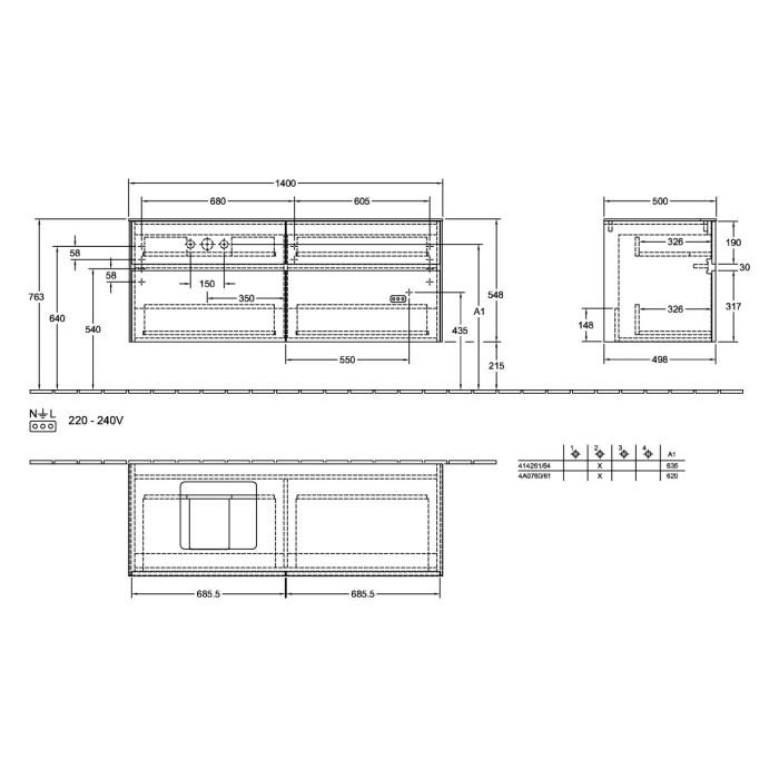 Villeroy & Boch Collaro Waschtischunterschrank 140 x 54,8 cm , mit LED-Beleuchtung, mit 4 Auszügen