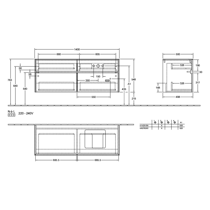 Villeroy & Boch Collaro Waschtischunterschrank 140 x 54,8 cm , mit LED-Beleuchtung, mit 4 Auszügen