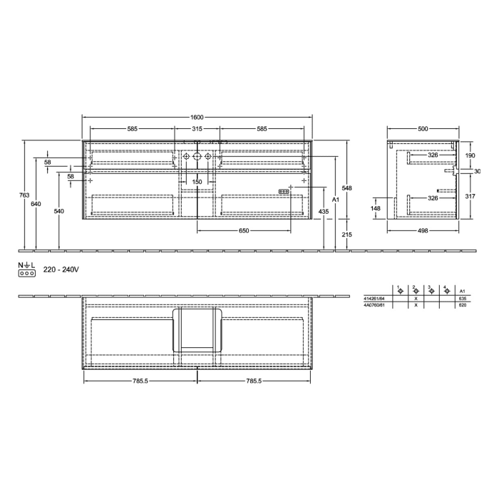Villeroy & Boch Collaro Waschtischunterschrank 160 x 54,8 cm , mit LED-Beleuchtung, mit 4 Auszügen