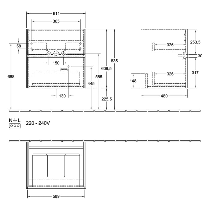 Villeroy & Boch Collaro Waschtischunterschrank 61,1 x 61 cm , mit LED-Beleuchtung, mit 2 Auszügen